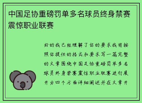 中国足协重磅罚单多名球员终身禁赛震惊职业联赛