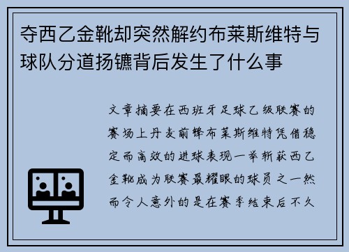 夺西乙金靴却突然解约布莱斯维特与球队分道扬镳背后发生了什么事