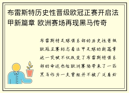 布雷斯特历史性晋级欧冠正赛开启法甲新篇章 欧洲赛场再现黑马传奇